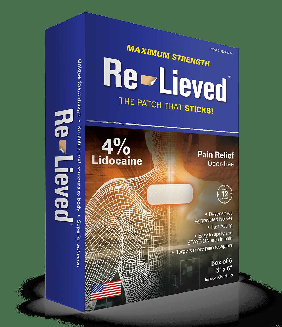 Re-Lieved — Re-Lieved 4% Lidocaine Patches Maximum Strength — Aluminum-Free, Water Resistant, USA Made, 3x6 Inches (10 Count)