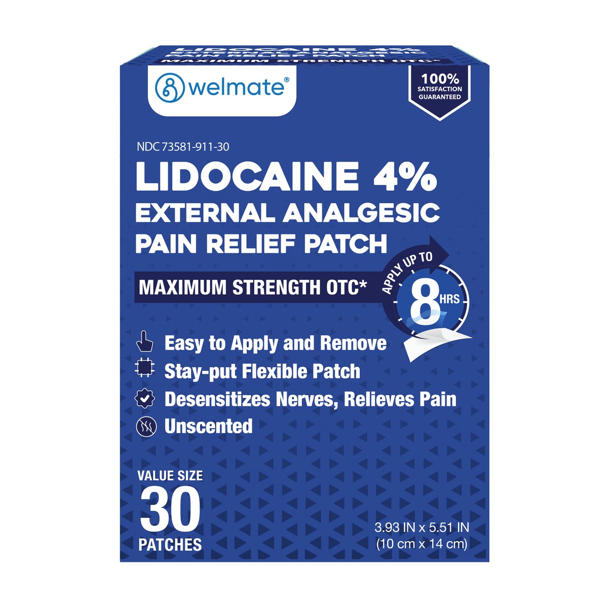 WELMATE 4% Lidocaine Numbing Patch — Maximum Strength, Temporary Relief of Pain, Unscented, 30 ct