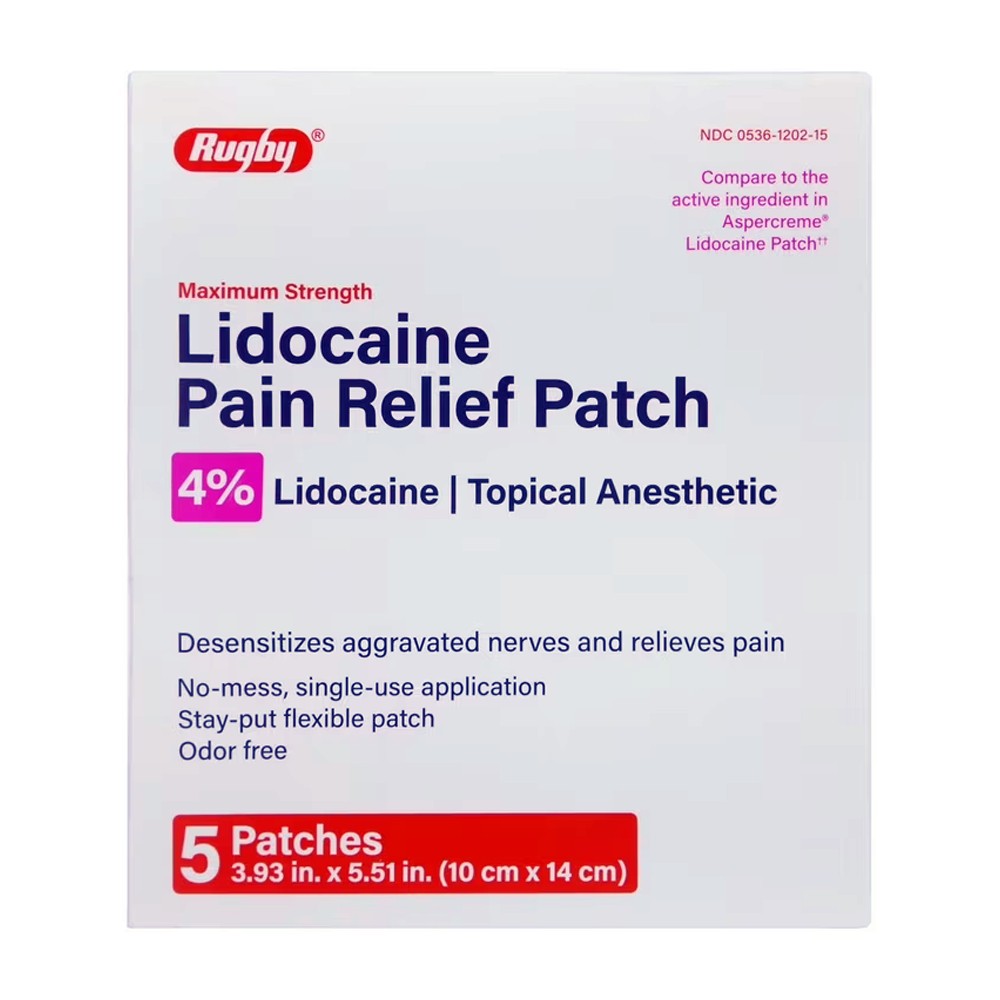 Rugby — Rugby Maximum Strength 4% Lidocaine Pain Relief Patch — Topical Anesthetic, Flexible, Odor Free, Single Use, 5 Count