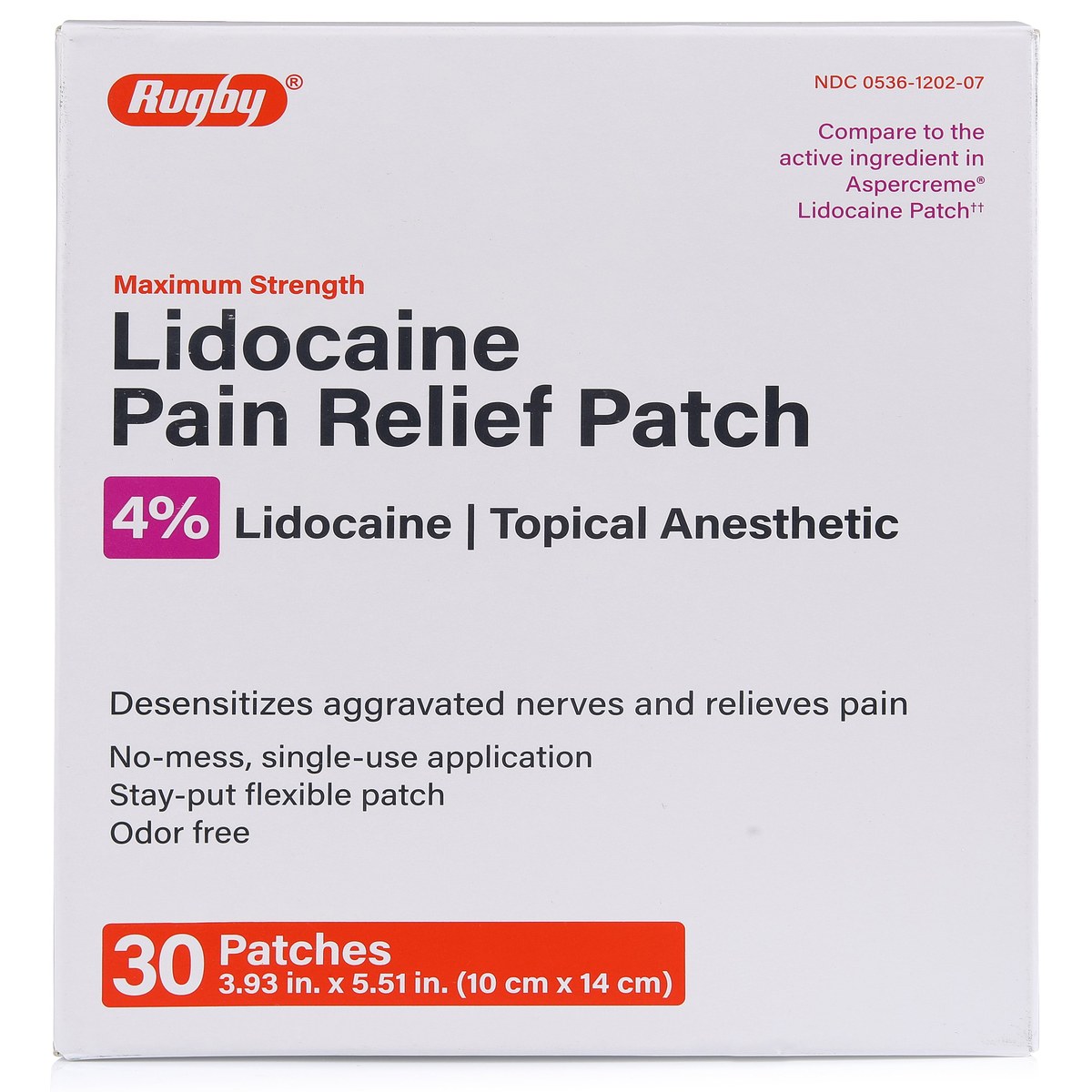 Rugby — Rugby Maximum Strength Lidocaine Pain Relief Patch — 4% Lidocaine, Topical Anesthetic, Unscented, 30 Patches (1 Pack)