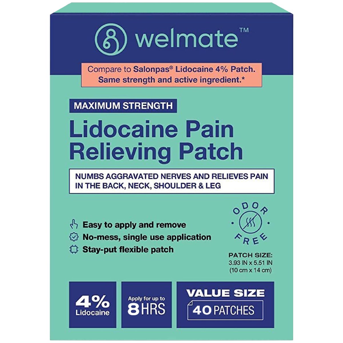 WELMATE — WELMATE Pain Patches Maximum Strength Lidocaine 4% Topical Numbing Analgesic — 40ct for Nerve & Back Pain Relief