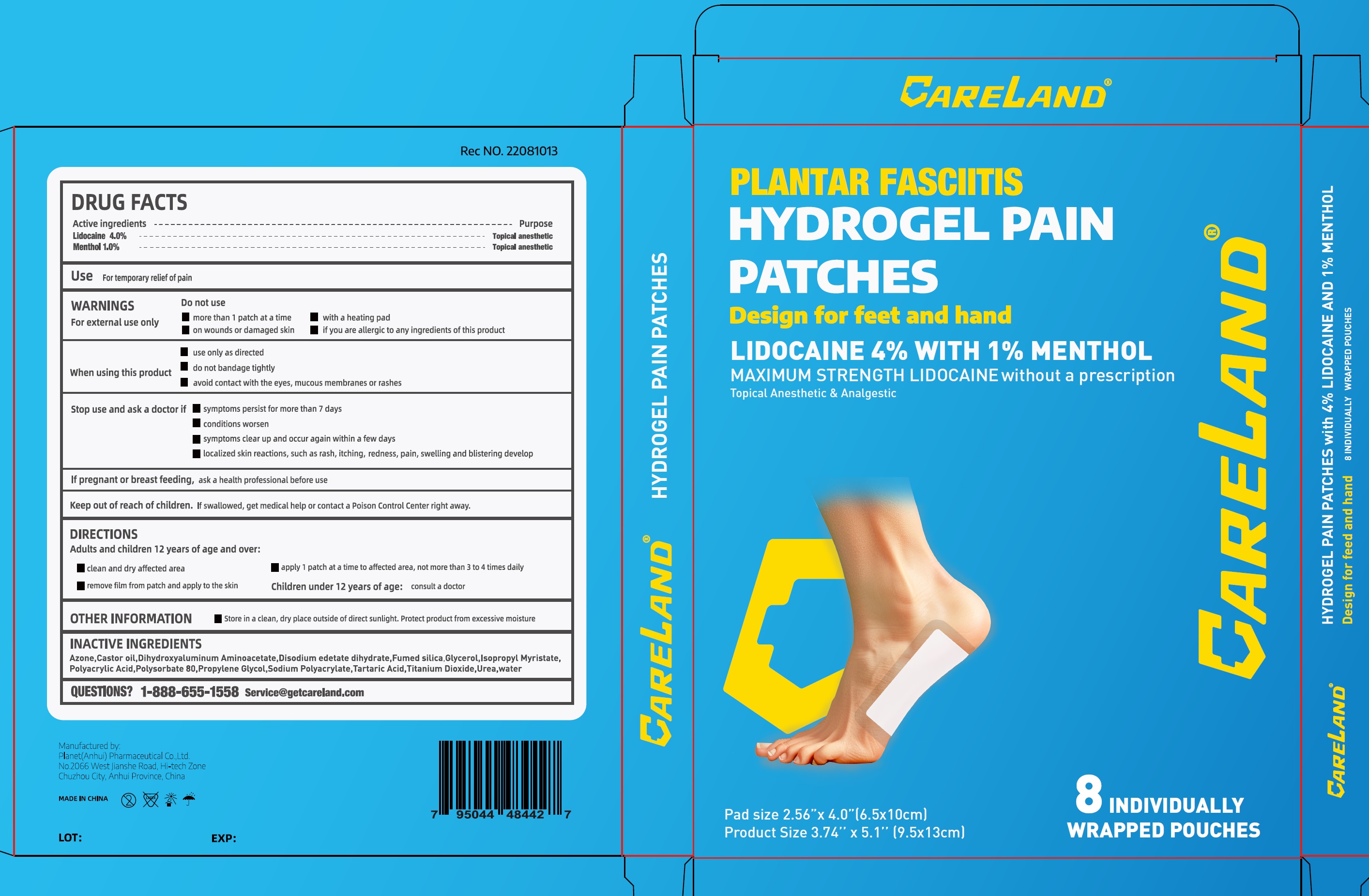CARELAND — CARELAND Plantar Fasciitis Lidocaine Pain Patches with Hydrogel Technology — Waterproof with Sticky Border, 12 Hour Pain Relief — Contours to Your Foot — 8 Ct