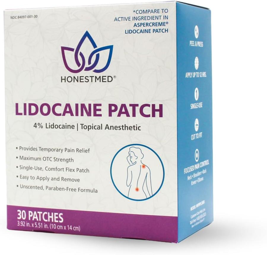 HONESTMED — HONESTMED Maximum Strength Lidocaine OTC Pain Relief Patch — 4% Lidocaine, Unscented, 3.9" x 5.5", 60 Count Box