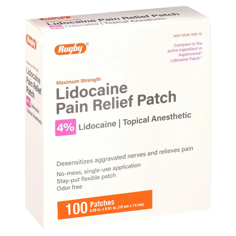 Rugby — Rugby Maximum Strength 4% Lidocaine Pain Relief Patch — External Analgesic, Flexible Fabric, Fragrance-Free, 100 Patches